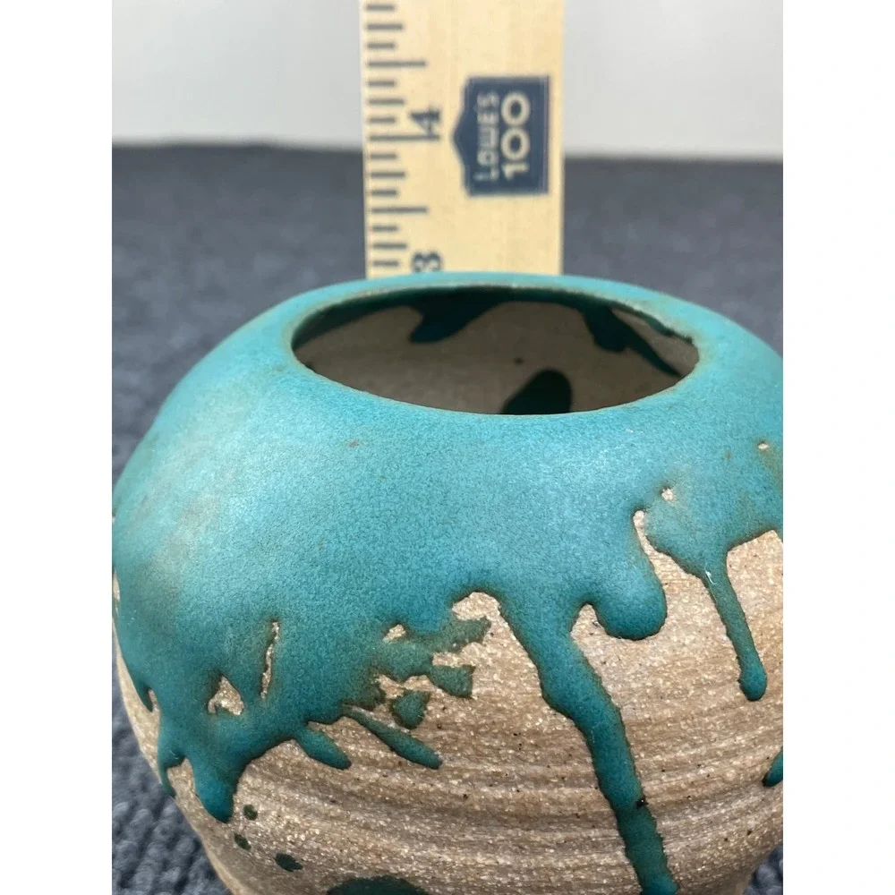 WEX H. Studio Pottery Bud Vase Teal Drip Glaze Tan Stoneware Signed Artisan 4